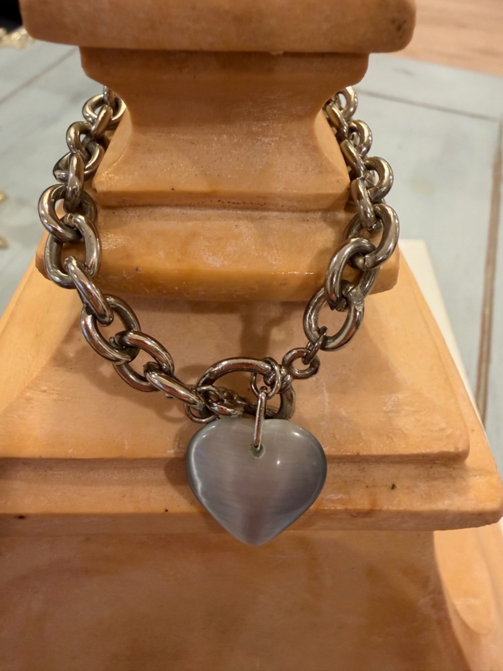 Silver-Tone Chain Bracelet with Gray Heart Charm